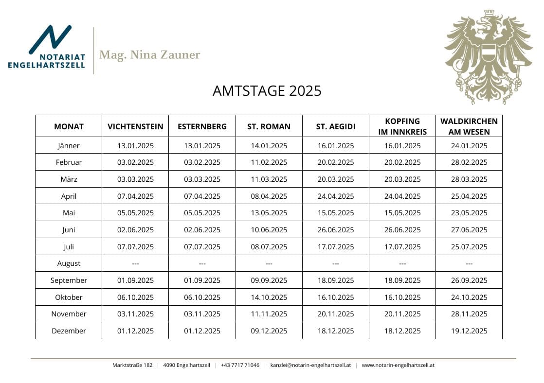 Notariat Engelhartszell Amtszeiten 2025